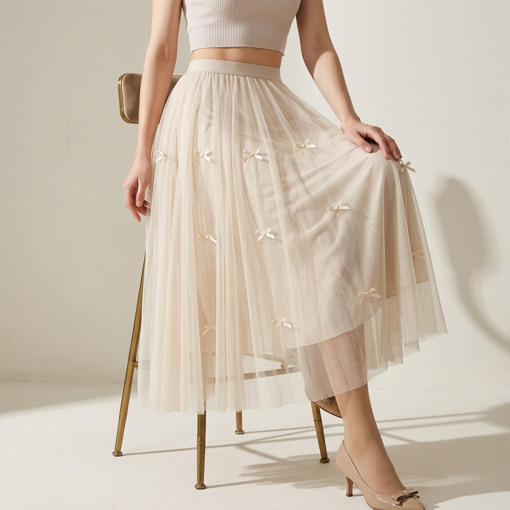 Mesh Gauze Japanese Style A Line Bow Skirt - 0883_APRICOT