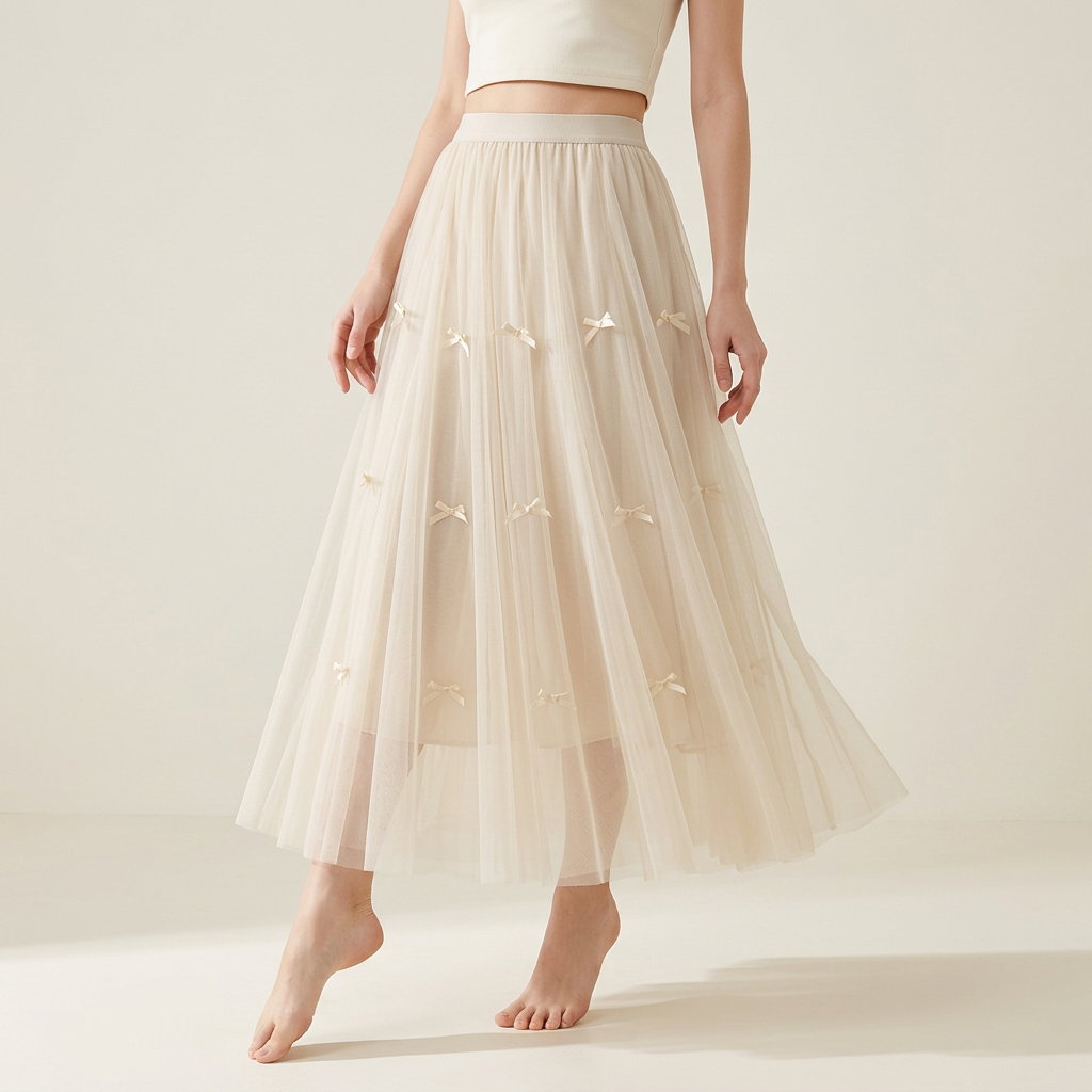 Mesh Gauze Japanese Style A Line Bow Skirt - 0883_APRICOT