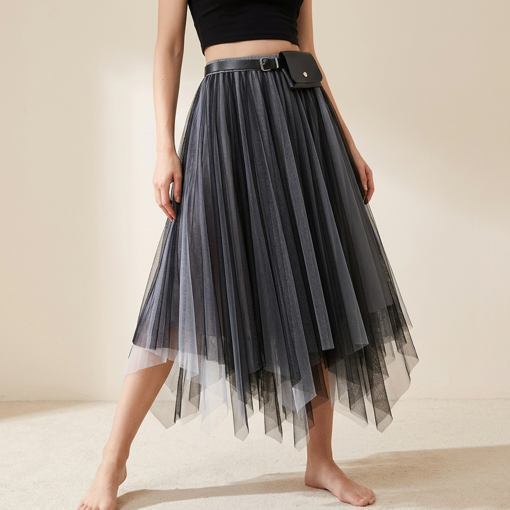 Irregular Mesh Two Color Skirt With Belt - 8808_GRADIENT_BLACKGREY