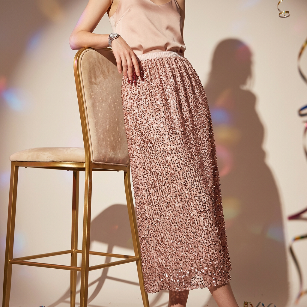 Heavy Sequinned Hip Skirt With Back Slit - D8035_PINK