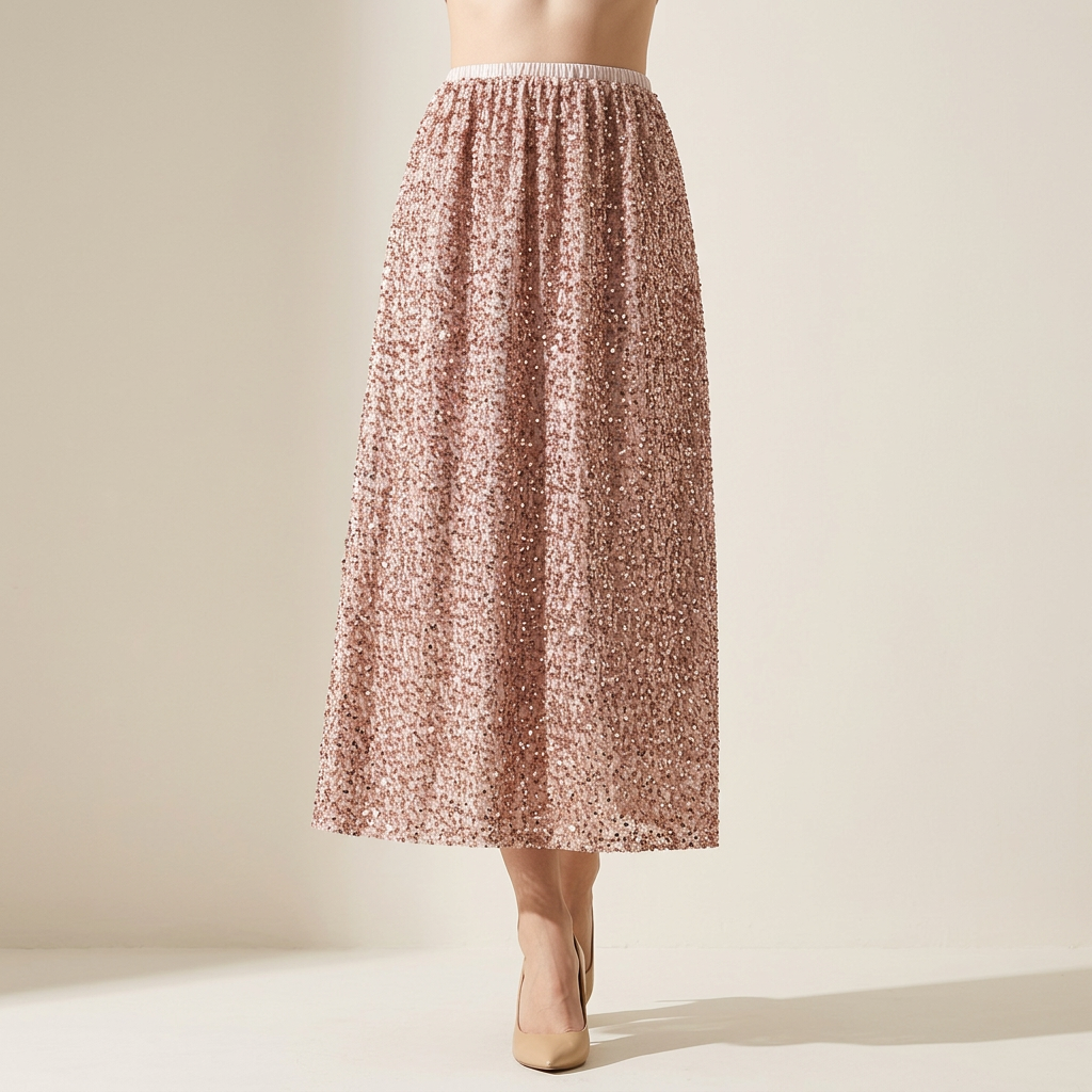 Heavy Sequinned Hip Skirt With Back Slit - D8035_PINK