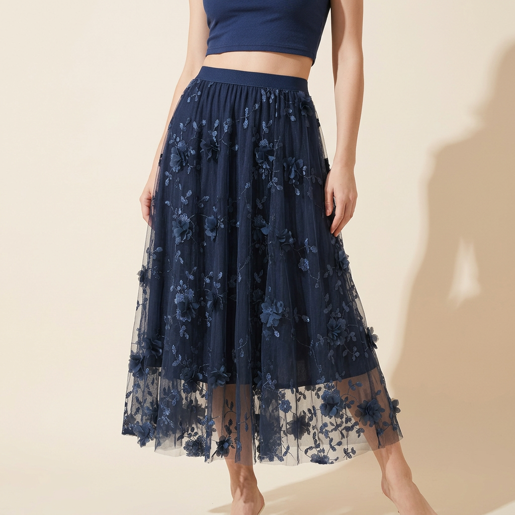 Flower Embellished and Embroidered Mesh A-Line Skirt With Satin Lining - 8692_NAVY