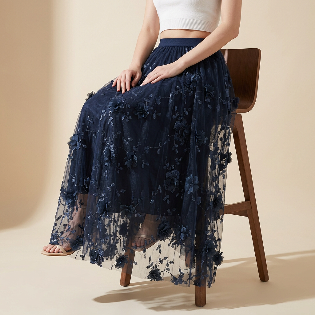 Flower Embellished and Embroidered Mesh A-Line Skirt With Satin Lining - 8692_NAVY