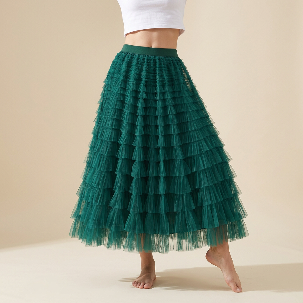 Heavy Mesh Gauze Multilayer Long Skirt With Satin Lining - 2210_DARK GREEN
