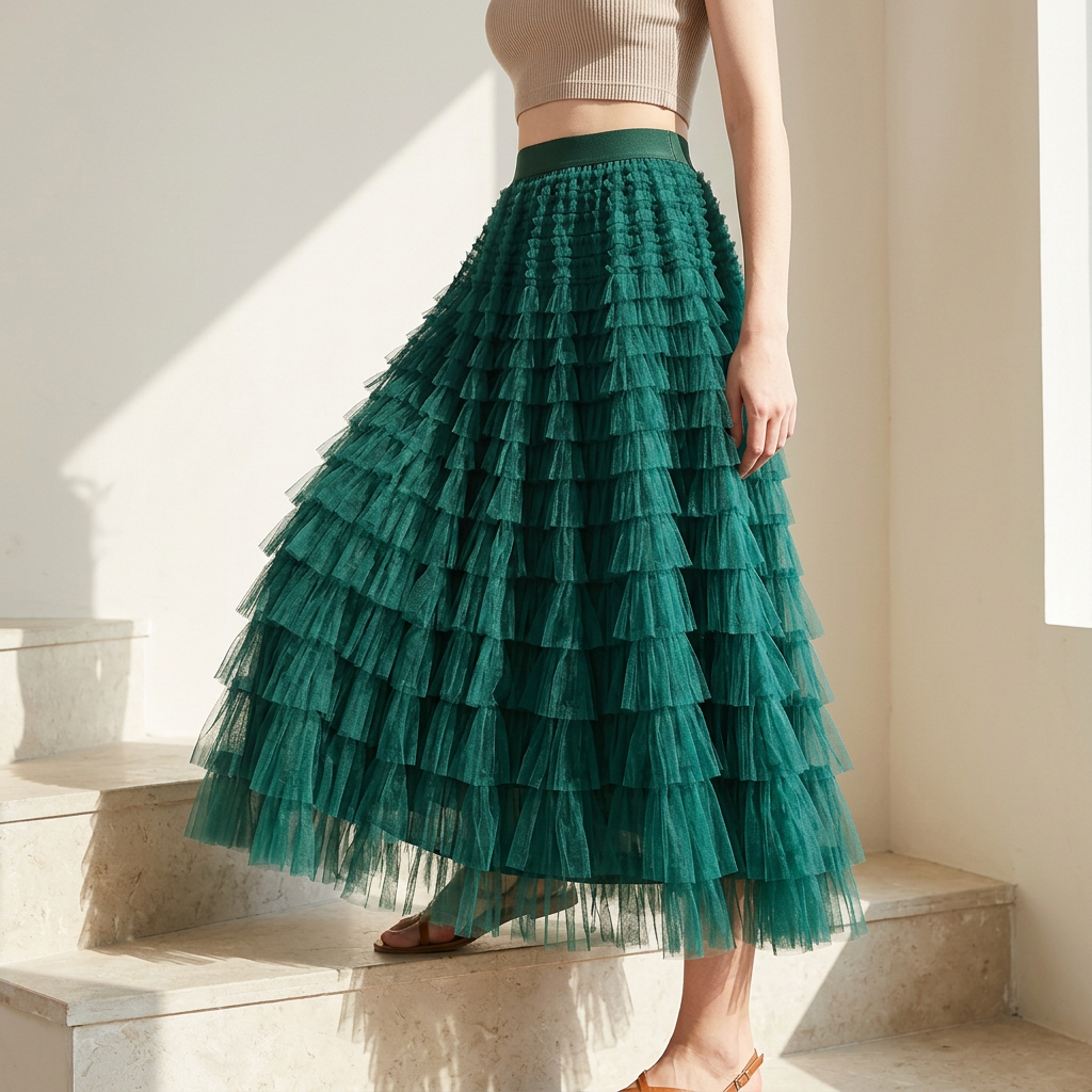 Heavy Mesh Gauze Multilayer Long Skirt With Satin Lining - 2210_DARK GREEN