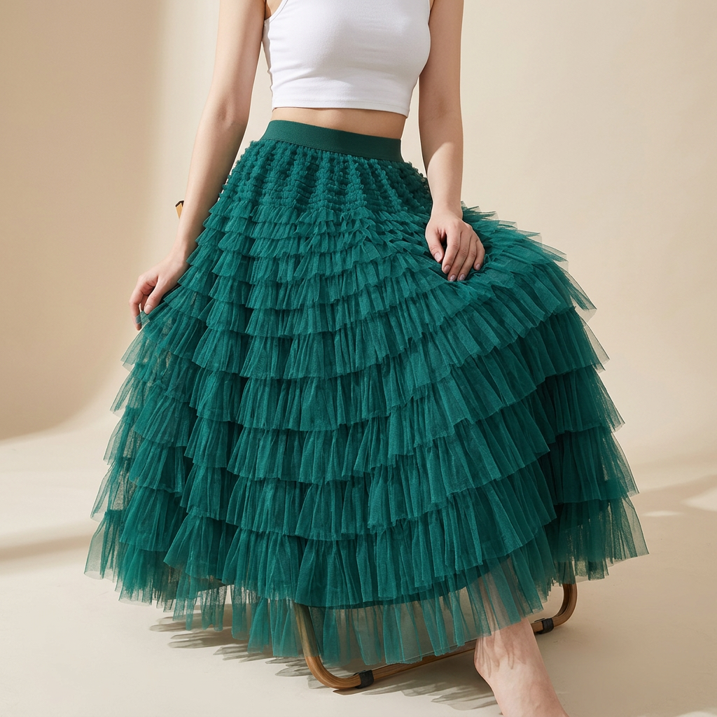 Heavy Mesh Gauze Multilayer Long Skirt With Satin Lining - 2210_DARK GREEN