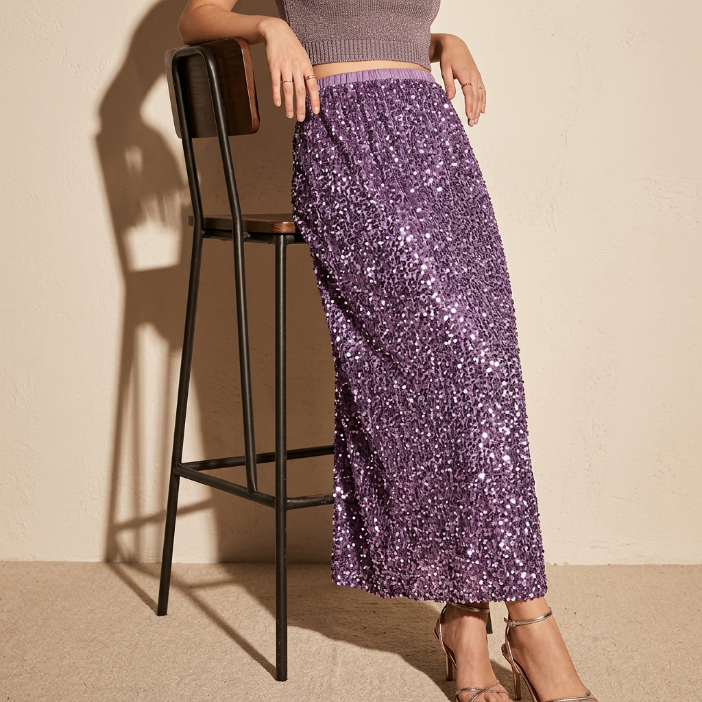 Heavy Sequinned Hip Skirt With Back Slit - D8035_PURPLE