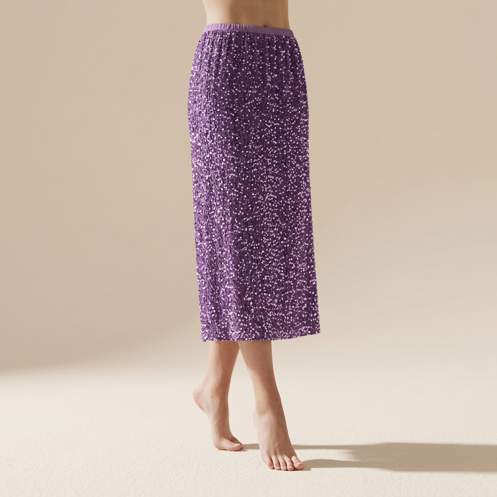 Heavy Sequinned Hip Skirt With Back Slit - D8035_PURPLE