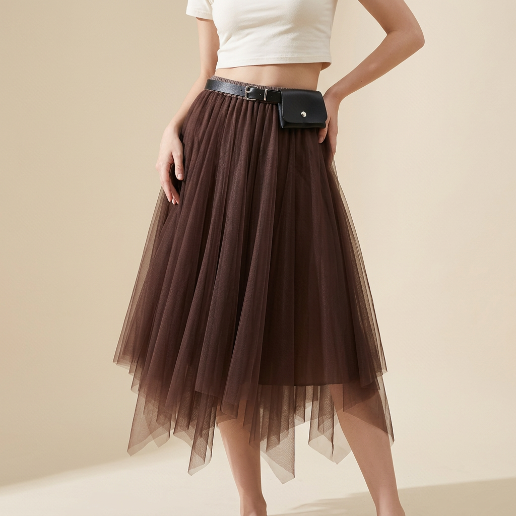 Irregular Mesh Two Color Skirt With Belt - 8808_GRADIENT_BROWN