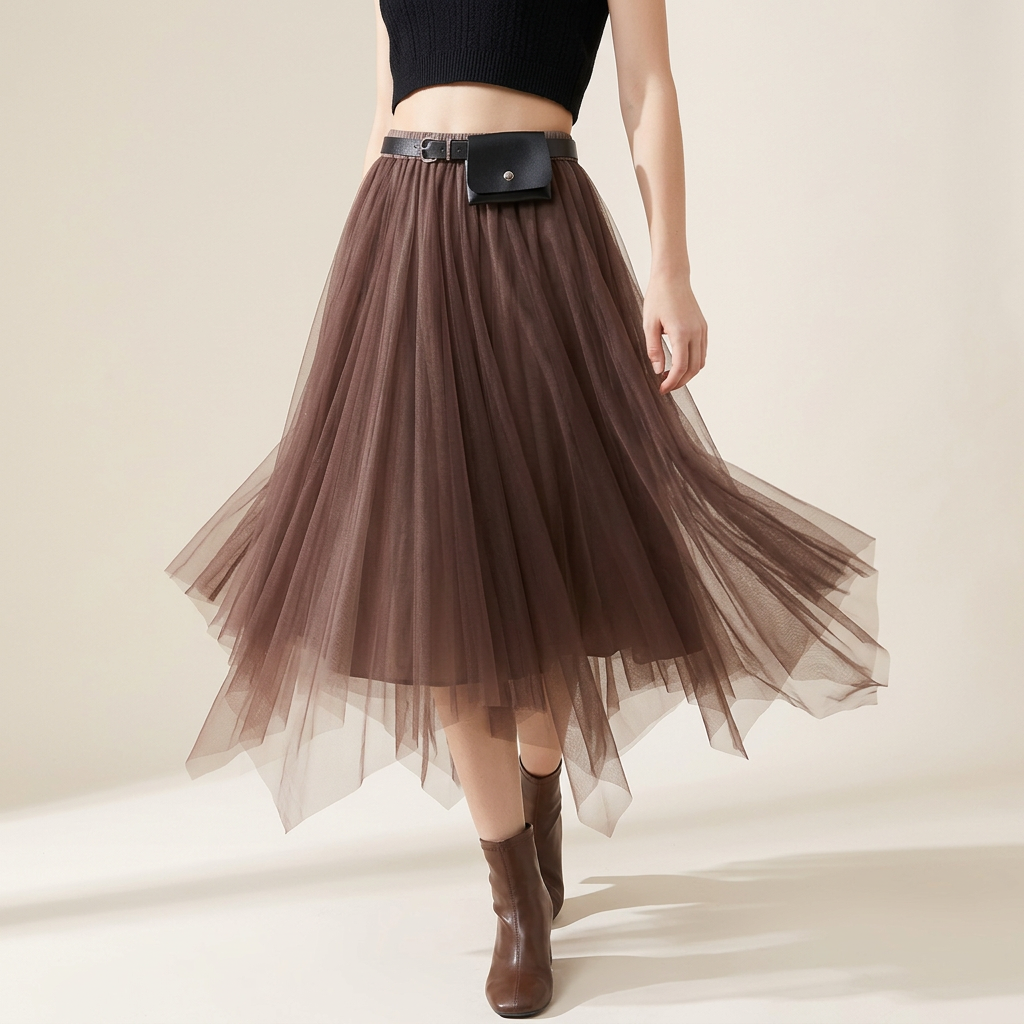 Irregular Mesh Two Color Skirt With Belt - 8808_GRADIENT_BROWN