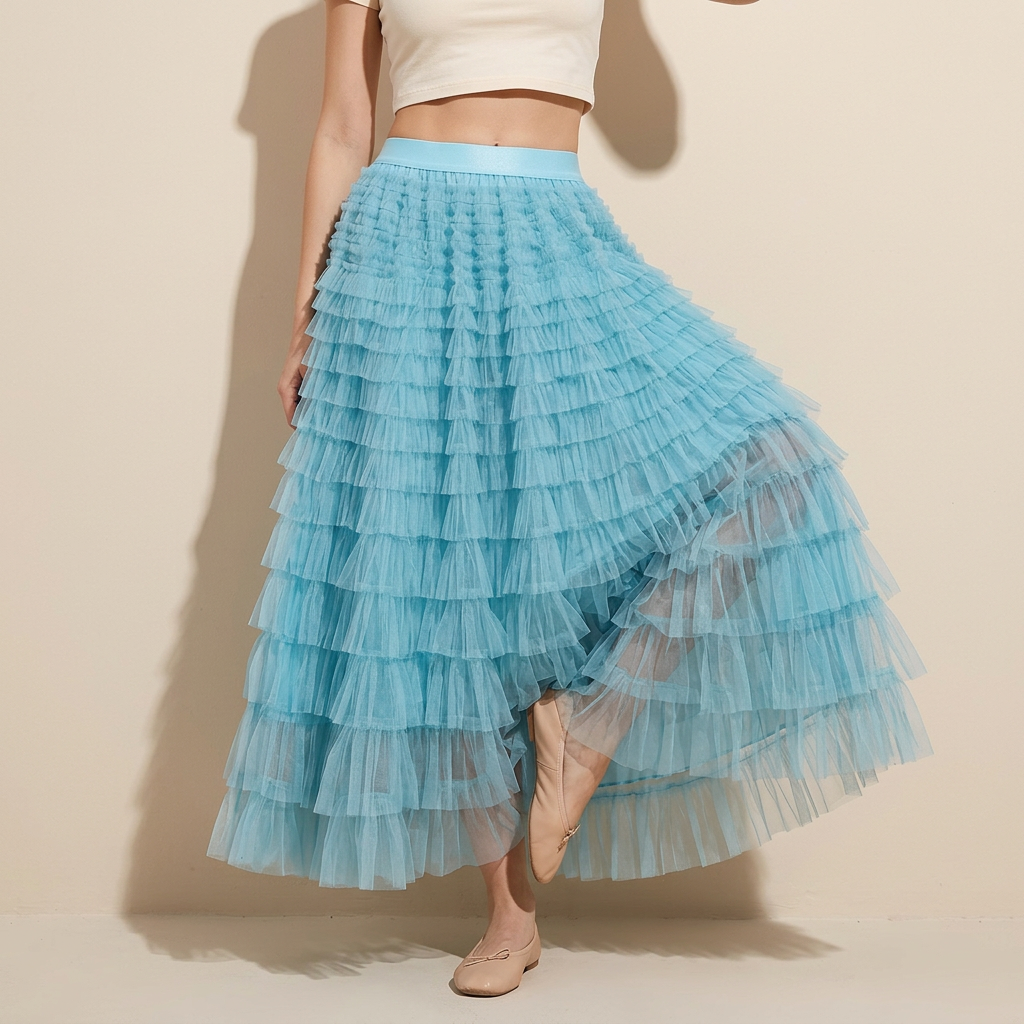 Heavy Mesh Gauze Multilayer Long Skirt With Satin Lining - 2210_LAKE BLUE