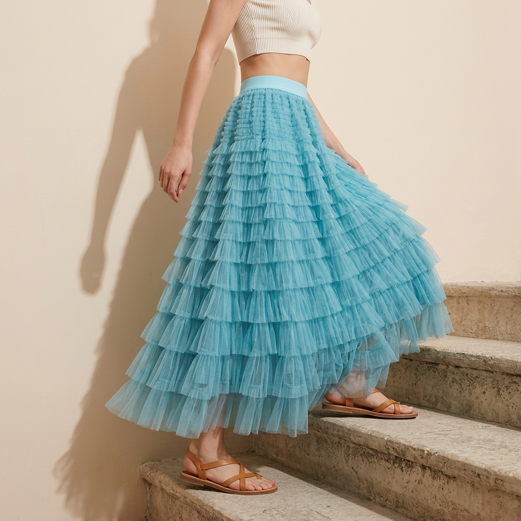 Heavy Mesh Gauze Multilayer Long Skirt With Satin Lining - 2210_LAKE BLUE