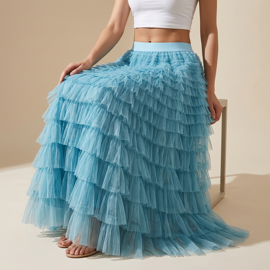 Heavy Mesh Gauze Multilayer Long Skirt With Satin Lining - 2210_LAKE BLUE