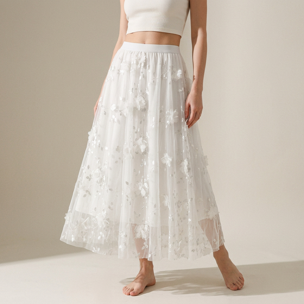 Flower Embellished and Embroidered Mesh A-Line Skirt With Satin Lining - 8692_WHITE