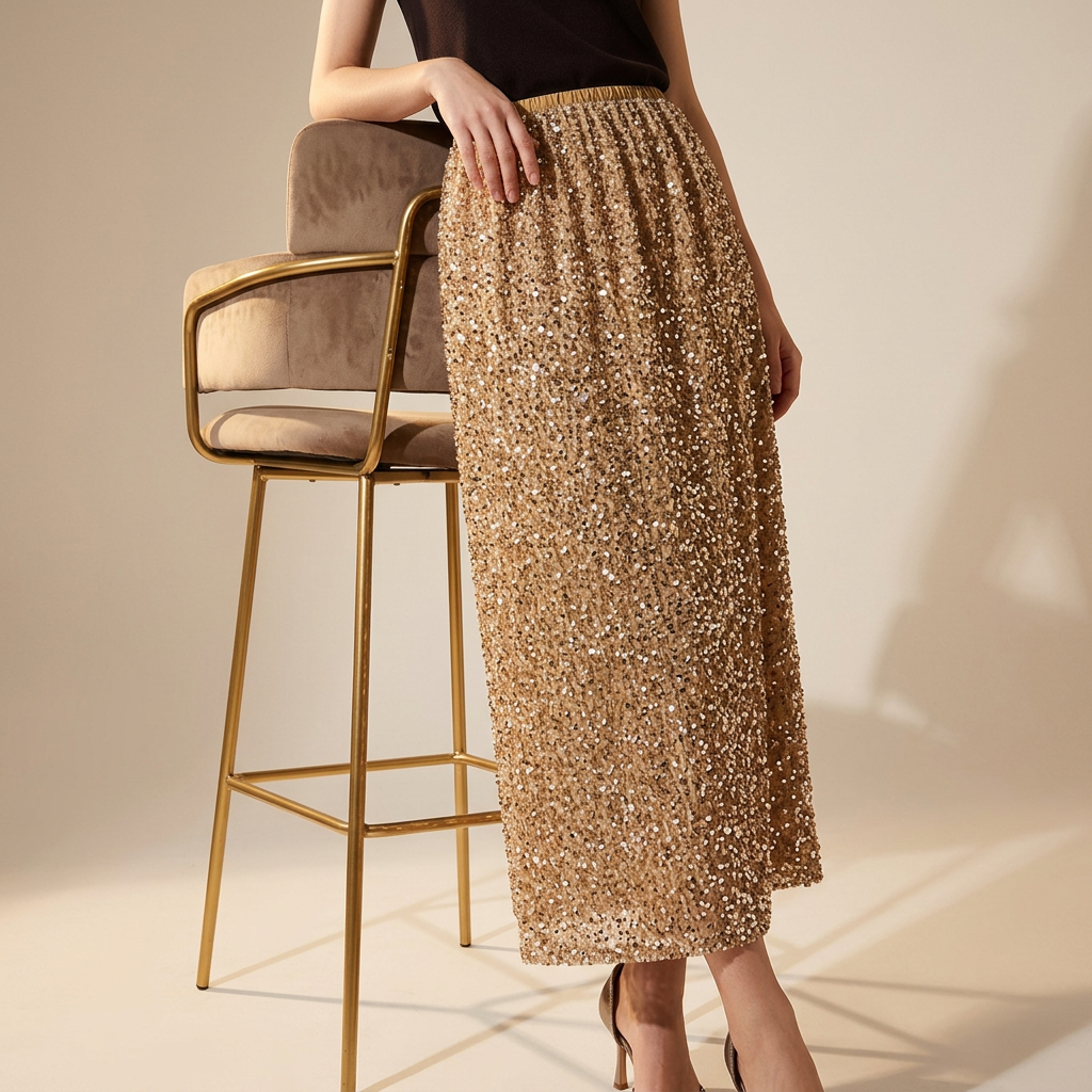 Heavy Sequinned Hip Skirt With Back Slit - D8035_YELLOW