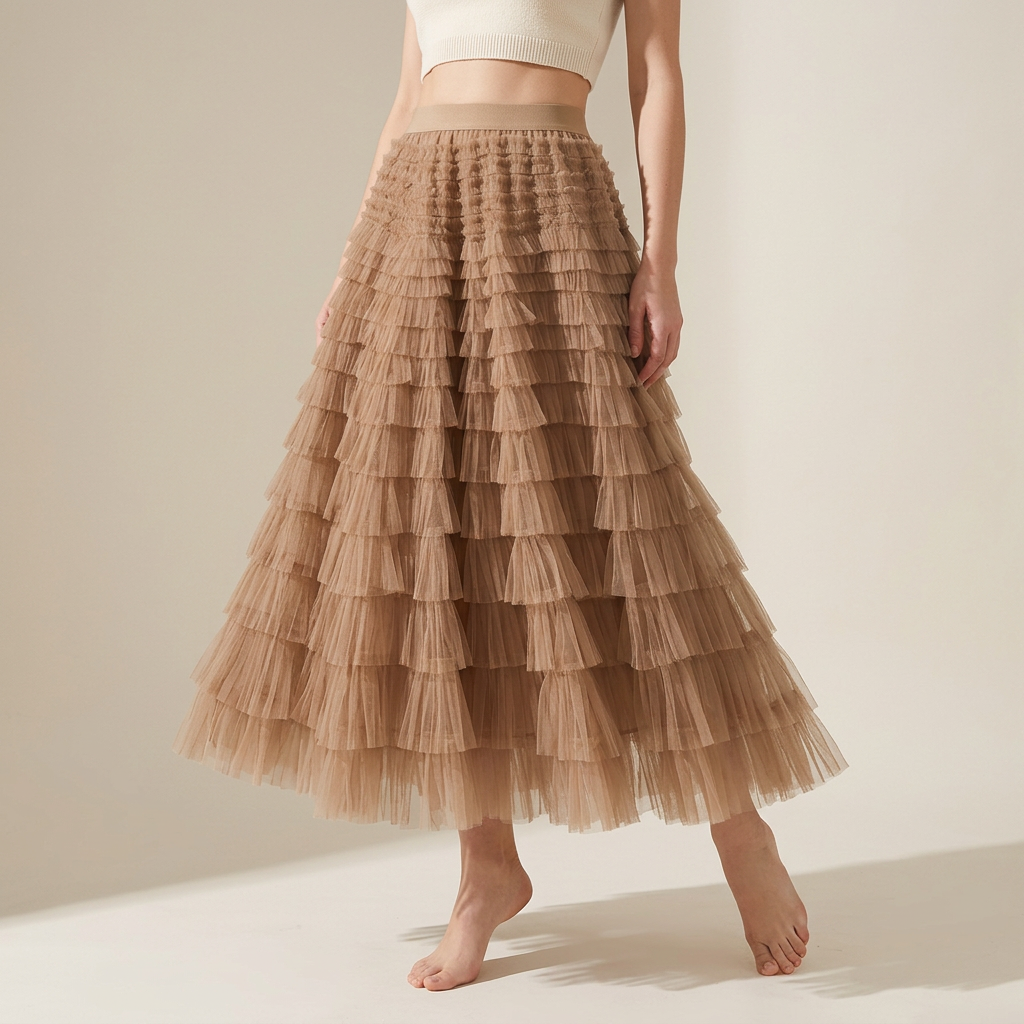Heavy Mesh Gauze Multilayer Long Skirt With Satin Lining - 2210_KHAKI