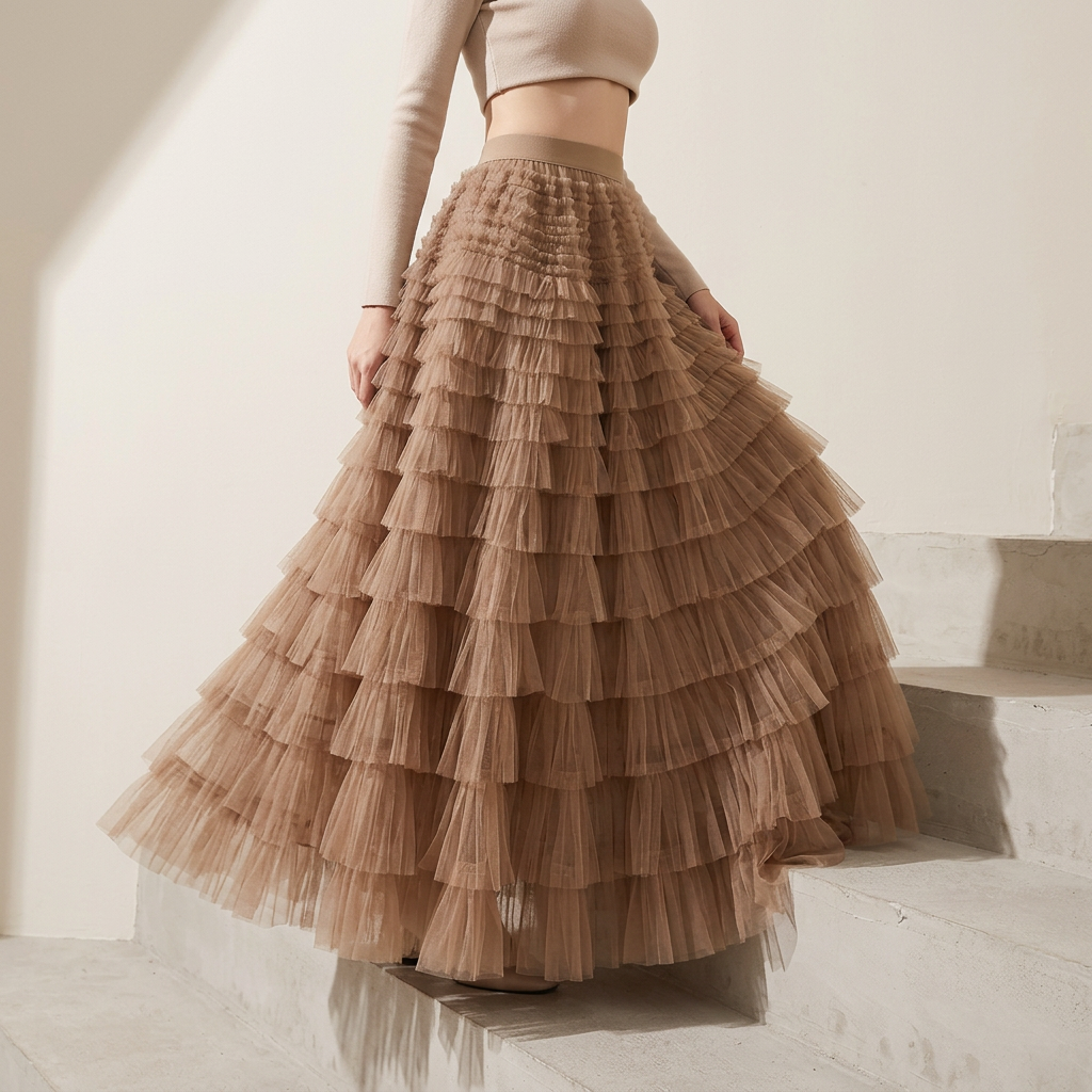 Heavy Mesh Gauze Multilayer Long Skirt With Satin Lining - 2210_KHAKI