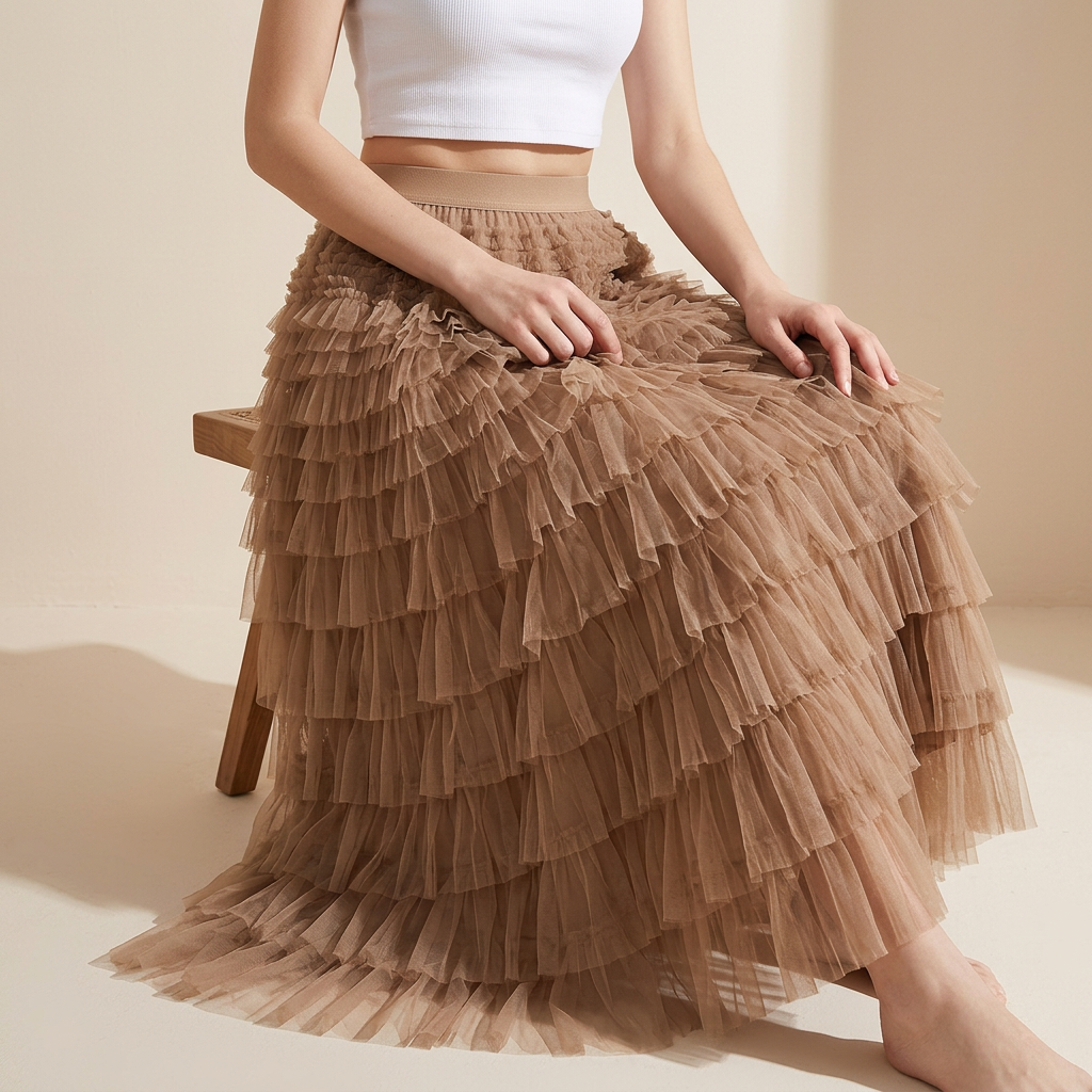 Heavy Mesh Gauze Multilayer Long Skirt With Satin Lining - 2210_KHAKI