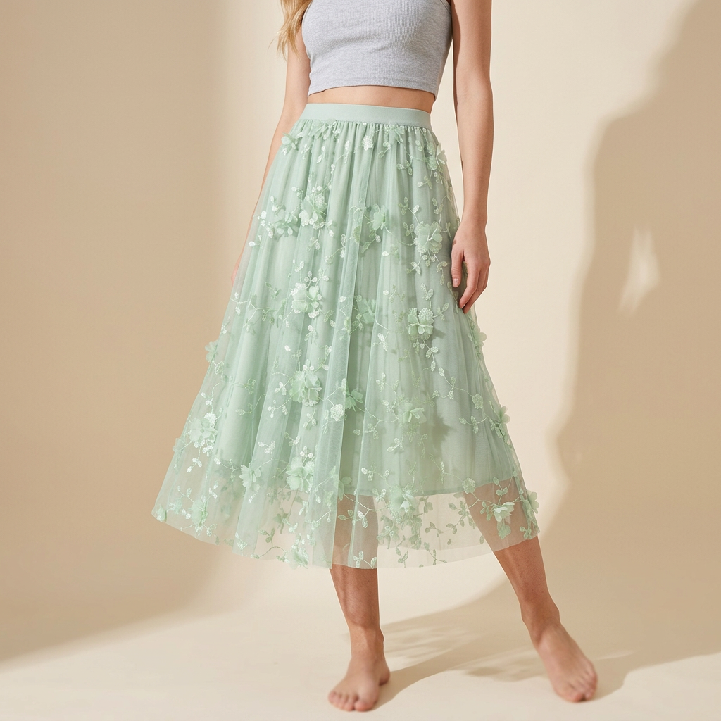 Flower Embellished and Embroidered Mesh A-Line Skirt With Satin Lining - 8692_GREEN