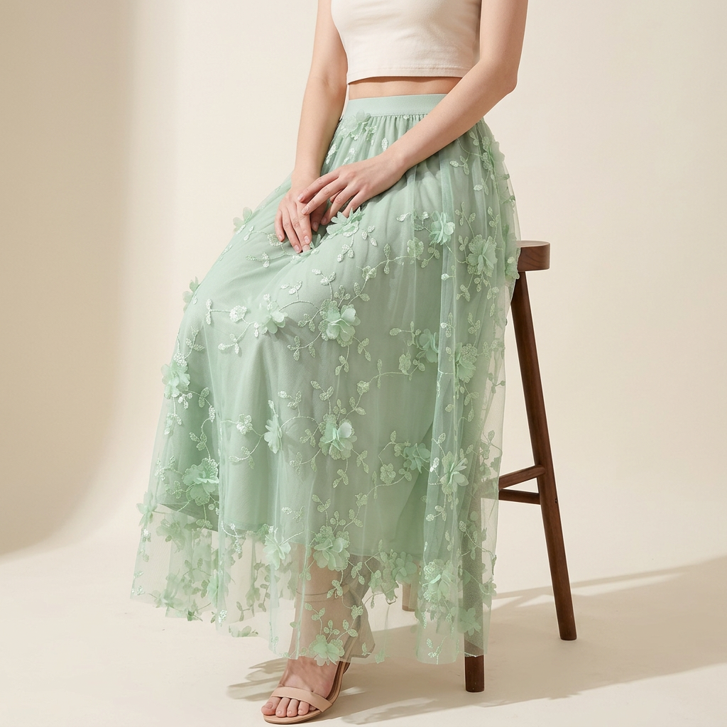 Flower Embellished and Embroidered Mesh A-Line Skirt With Satin Lining - 8692_GREEN