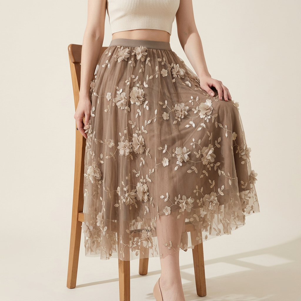 Flower Embellished and Embroidered Mesh A-Line Skirt With Satin Lining - 8692_KHAKI