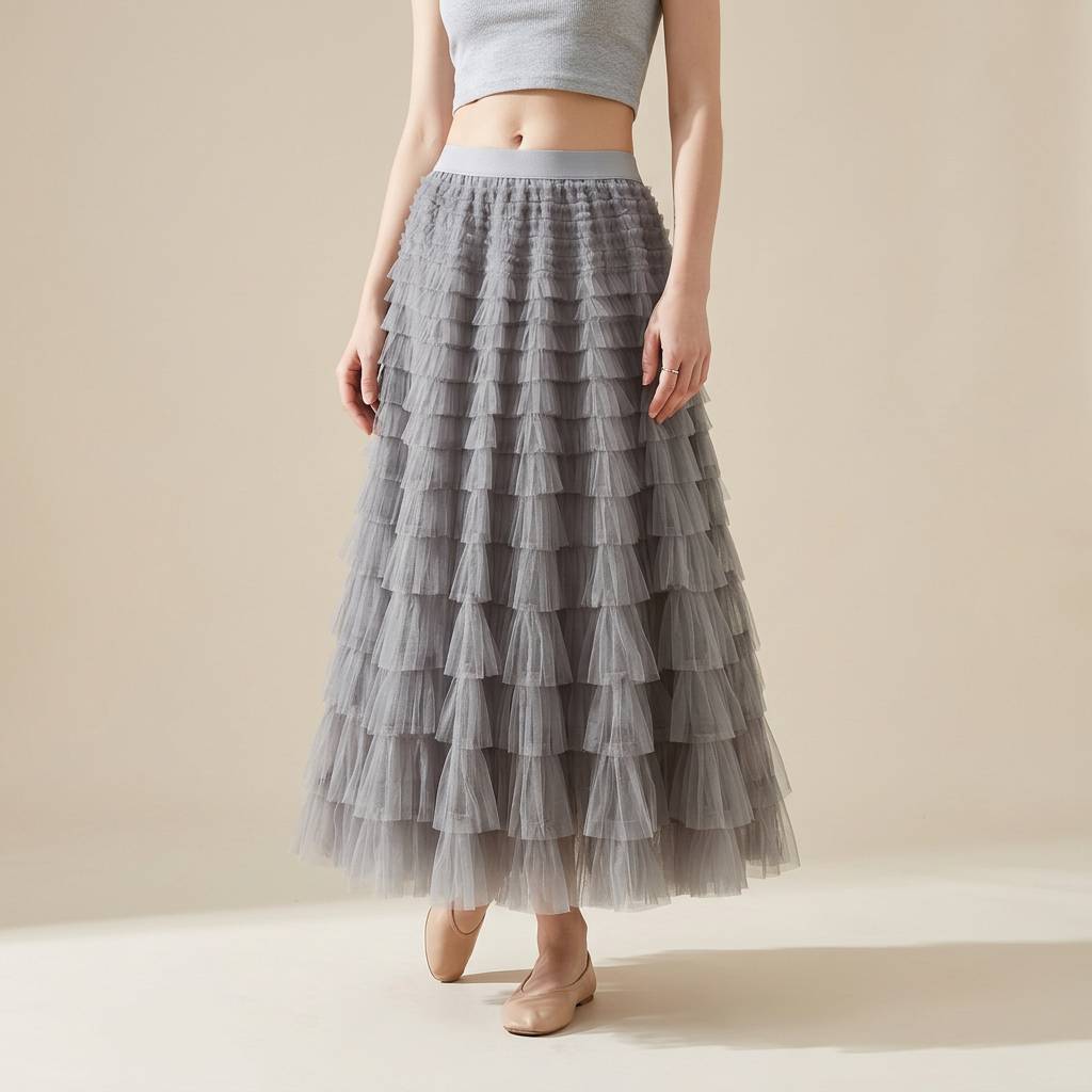 Heavy Mesh Gauze Multilayer Long Skirt With Satin Lining - 2210_GREY