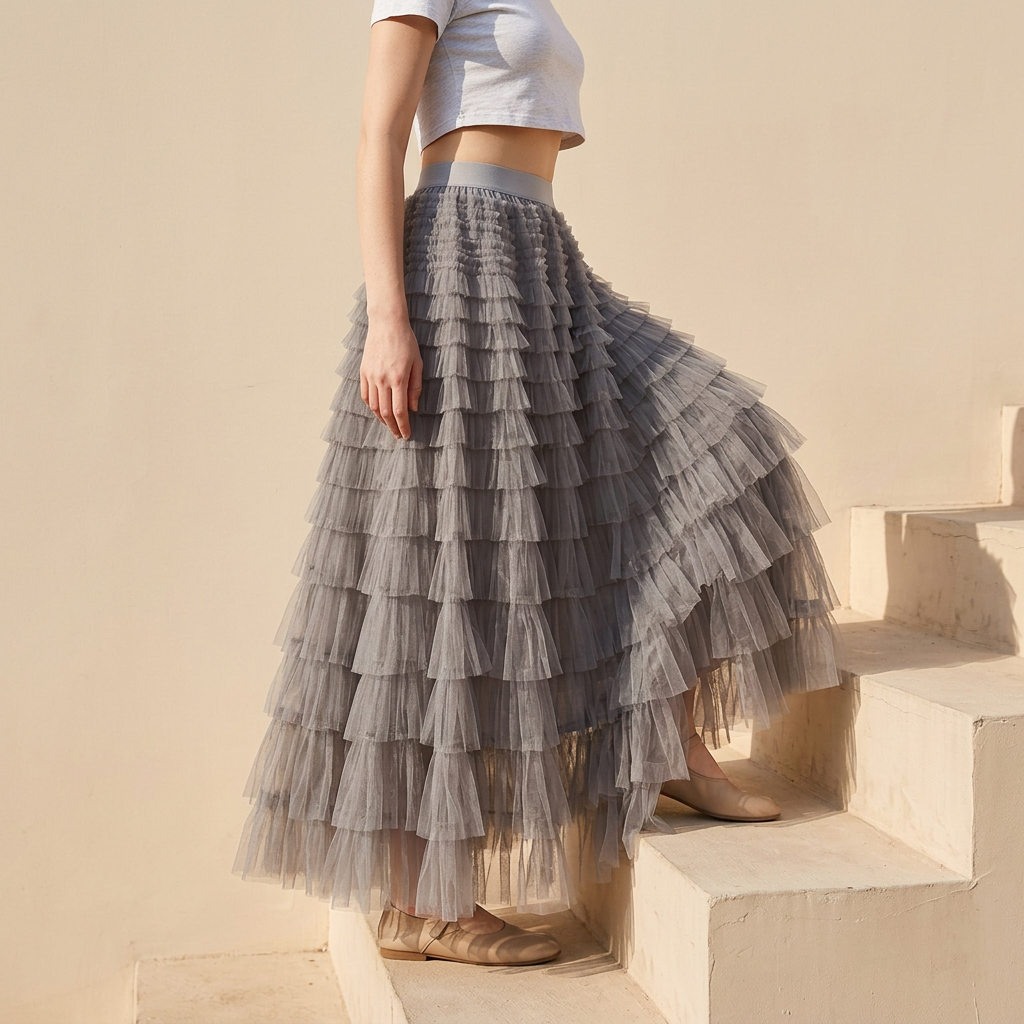 Heavy Mesh Gauze Multilayer Long Skirt With Satin Lining - 2210_GREY