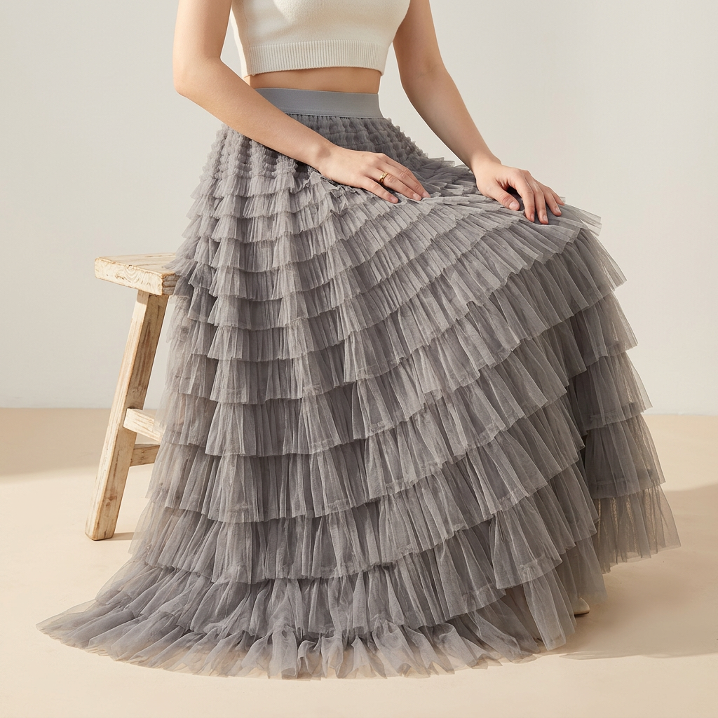 Heavy Mesh Gauze Multilayer Long Skirt With Satin Lining - 2210_GREY