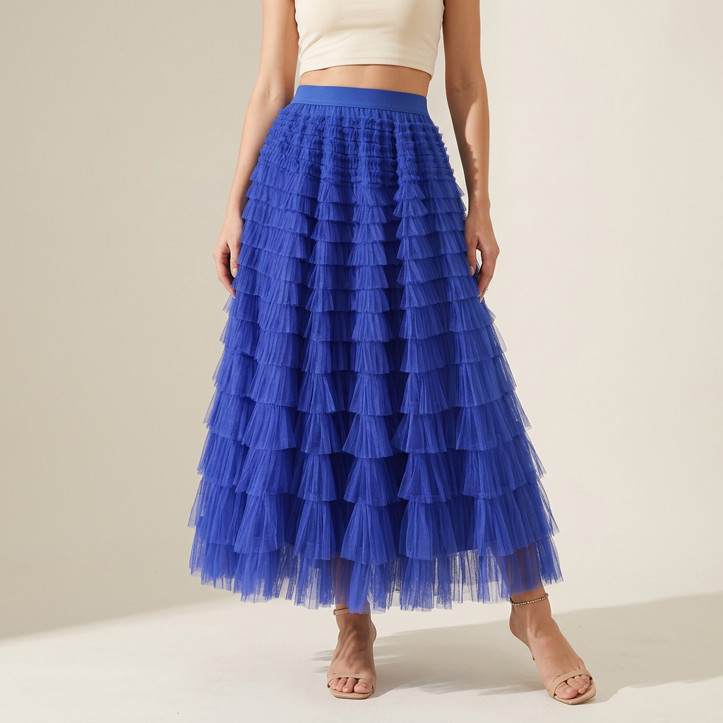 Heavy Mesh Gauze Multilayer Long Skirt With Satin Lining - 2210_SAPPHIRE