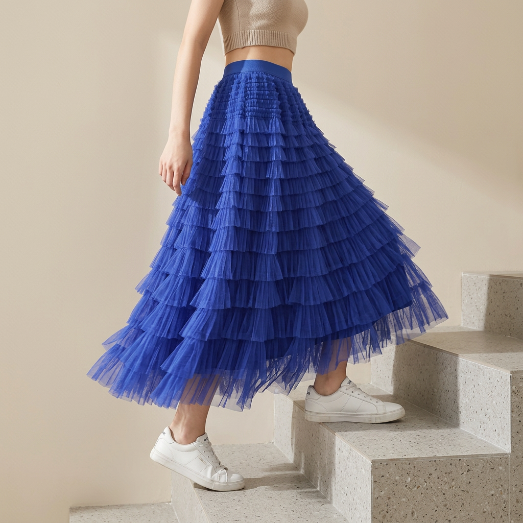 Heavy Mesh Gauze Multilayer Long Skirt With Satin Lining - 2210_SAPPHIRE