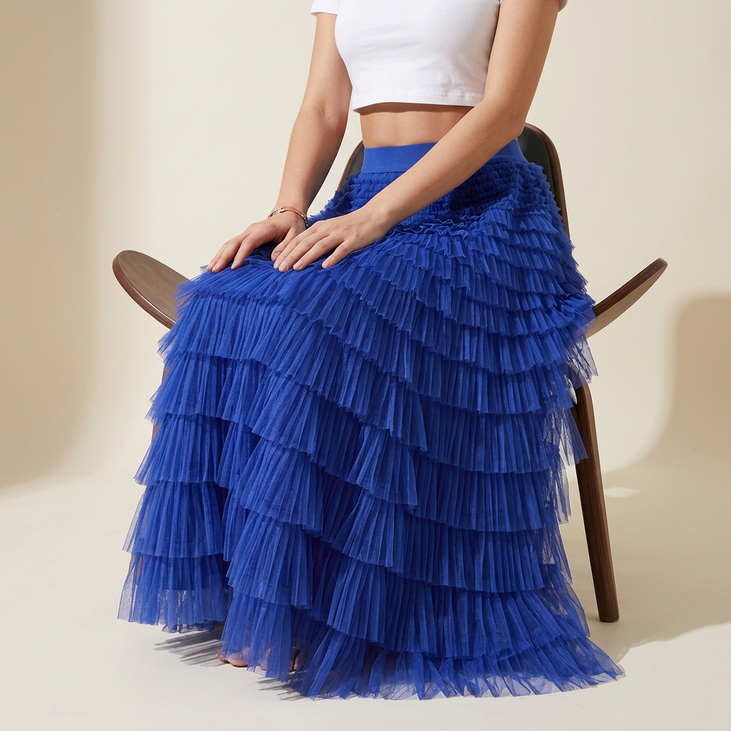 Heavy Mesh Gauze Multilayer Long Skirt With Satin Lining - 2210_SAPPHIRE