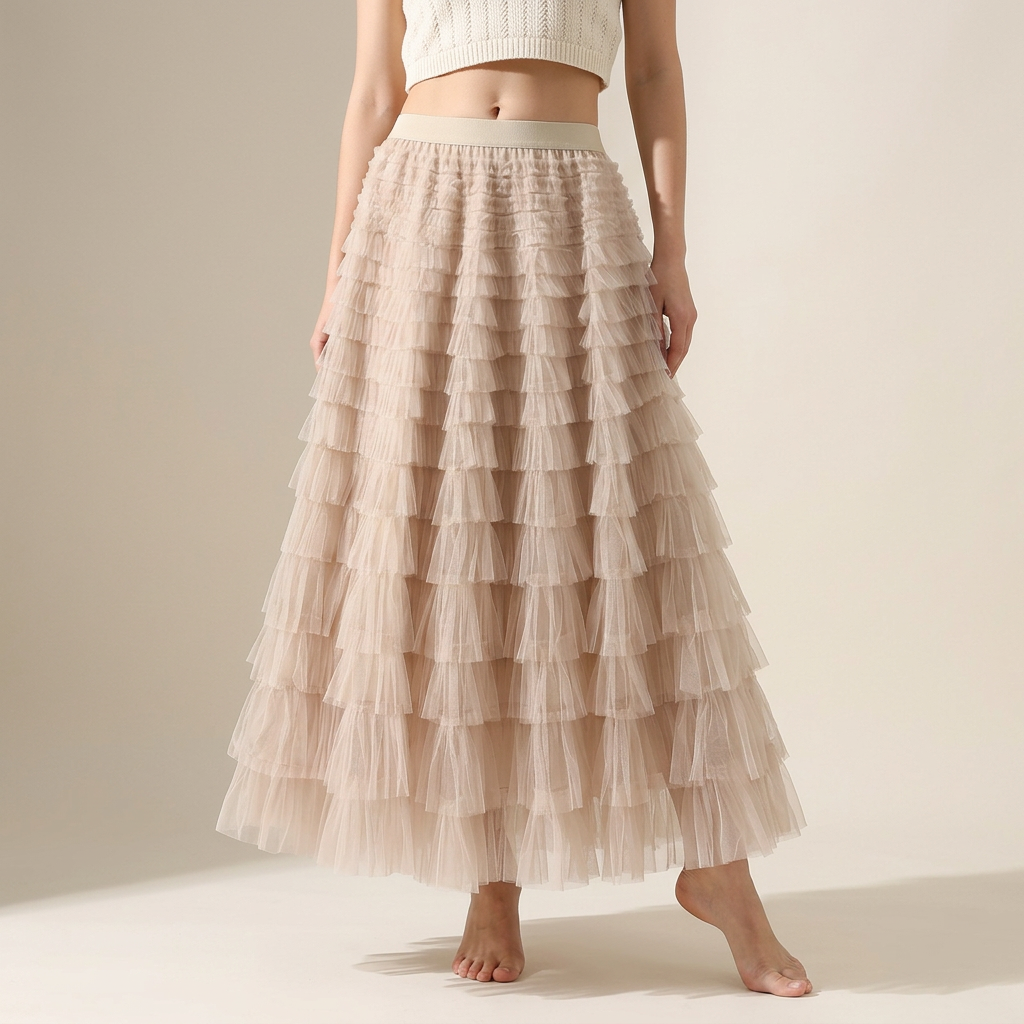 Heavy Mesh Gauze Multilayer Long Skirt With Satin Lining - 2210_DEEP APRICOT
