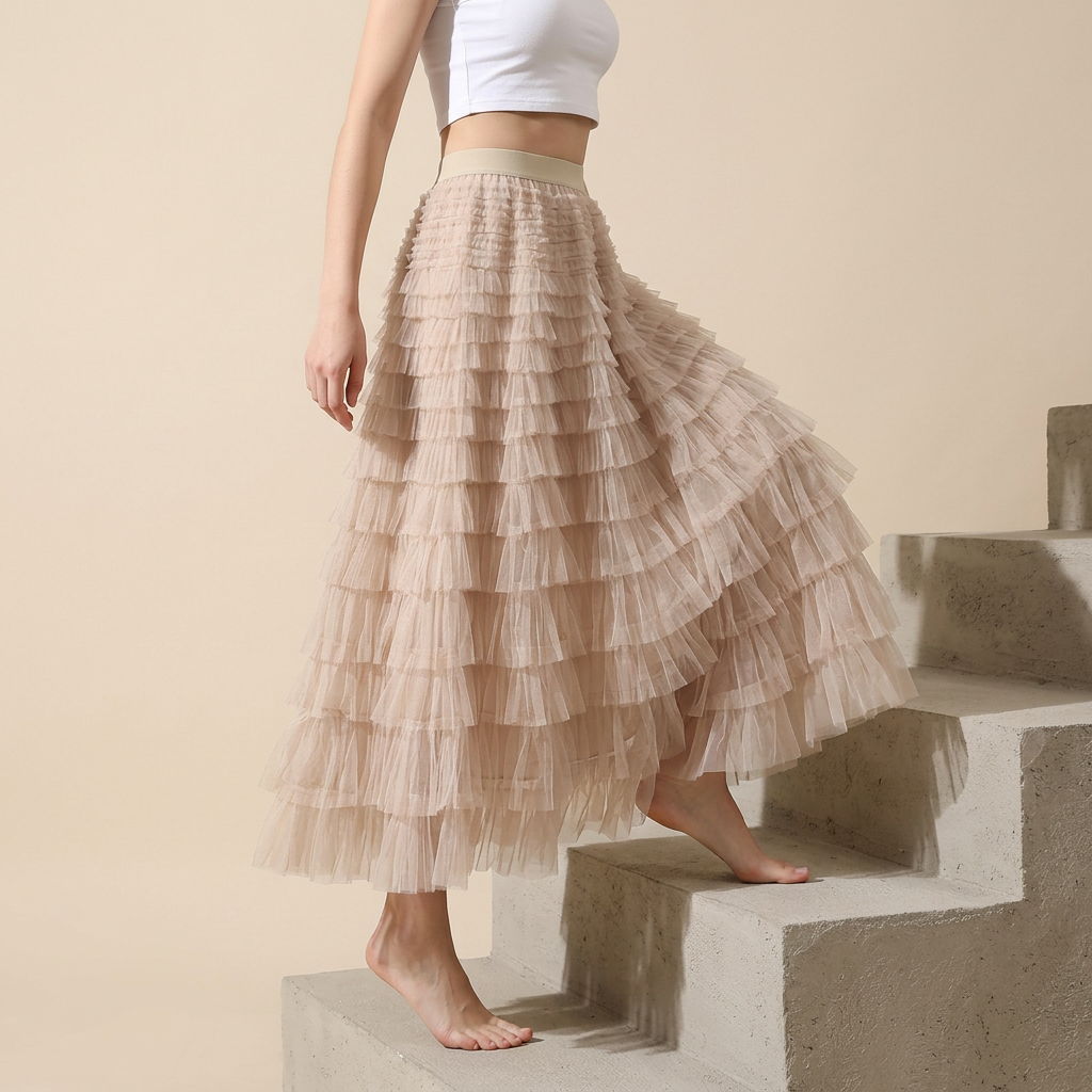 Heavy Mesh Gauze Multilayer Long Skirt With Satin Lining - 2210_DEEP APRICOT
