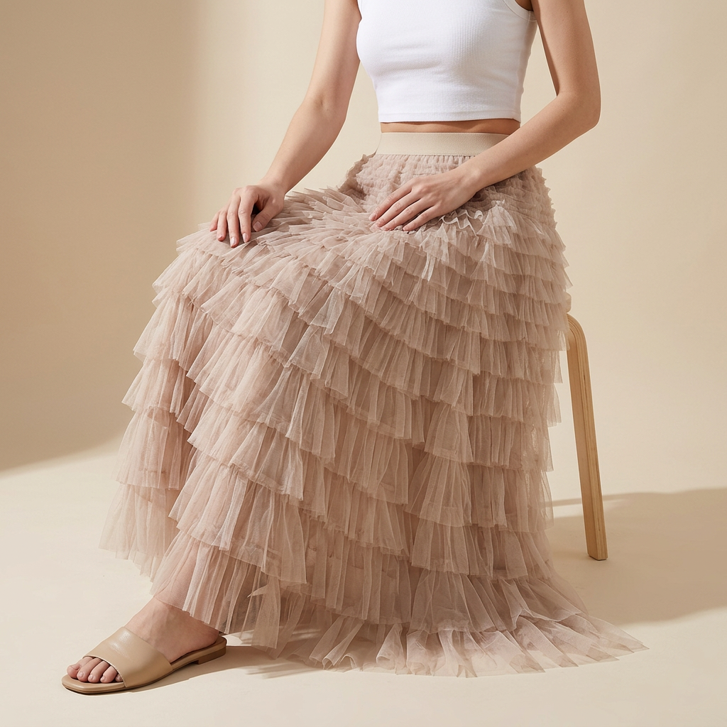Heavy Mesh Gauze Multilayer Long Skirt With Satin Lining - 2210_DEEP APRICOT