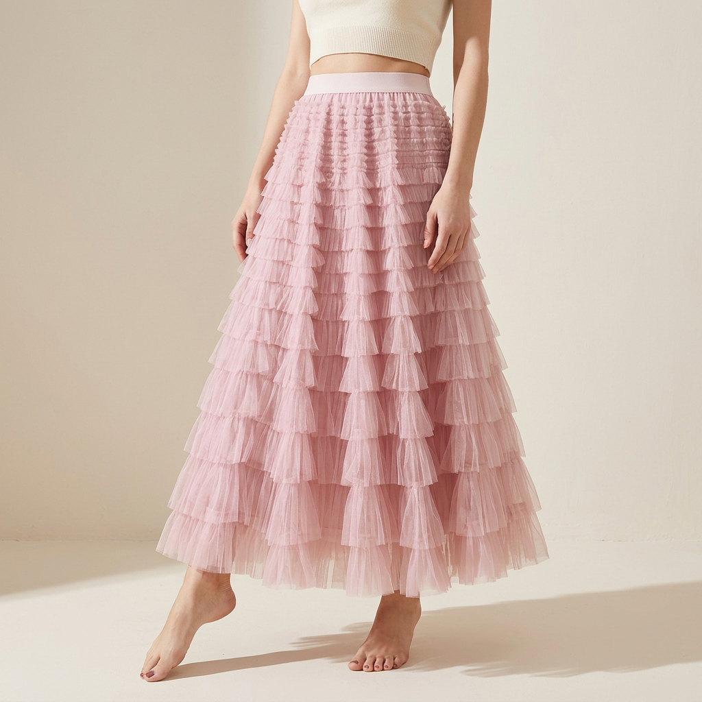 Heavy Mesh Gauze Multilayer Long Skirt With Satin Lining - 2210_LIGHT PINK