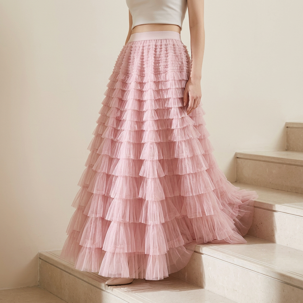 Heavy Mesh Gauze Multilayer Long Skirt With Satin Lining - 2210_LIGHT PINK