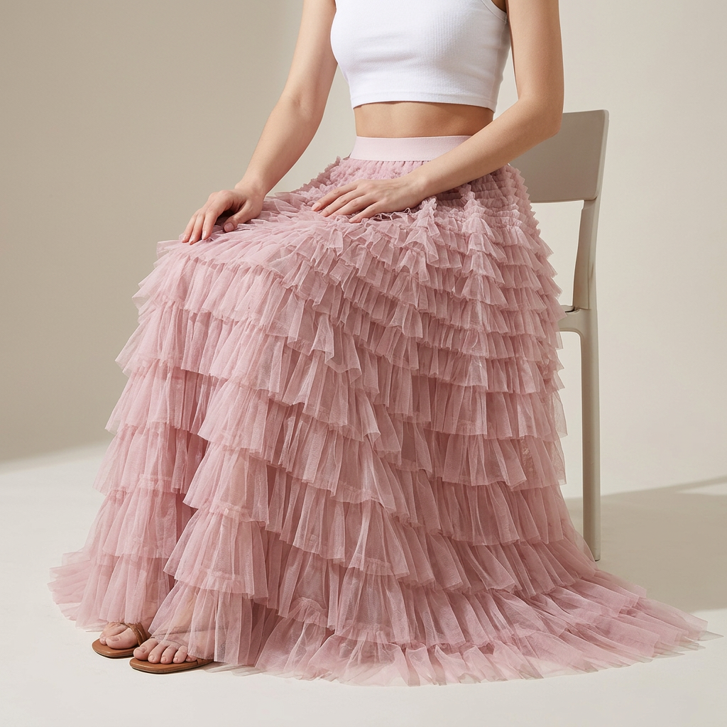 Heavy Mesh Gauze Multilayer Long Skirt With Satin Lining - 2210_LIGHT PINK