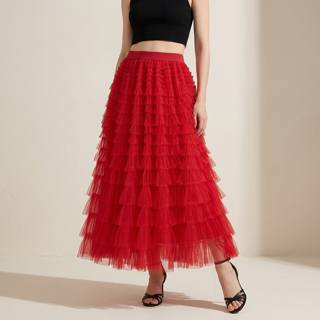 Heavy Mesh Gauze Multilayer Long Skirt With Satin Lining - 2210_SCARLET
