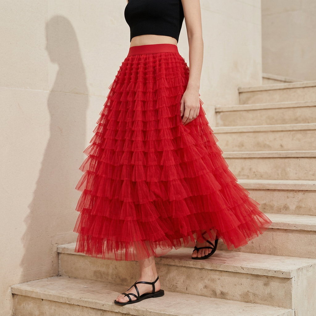 Heavy Mesh Gauze Multilayer Long Skirt With Satin Lining - 2210_SCARLET