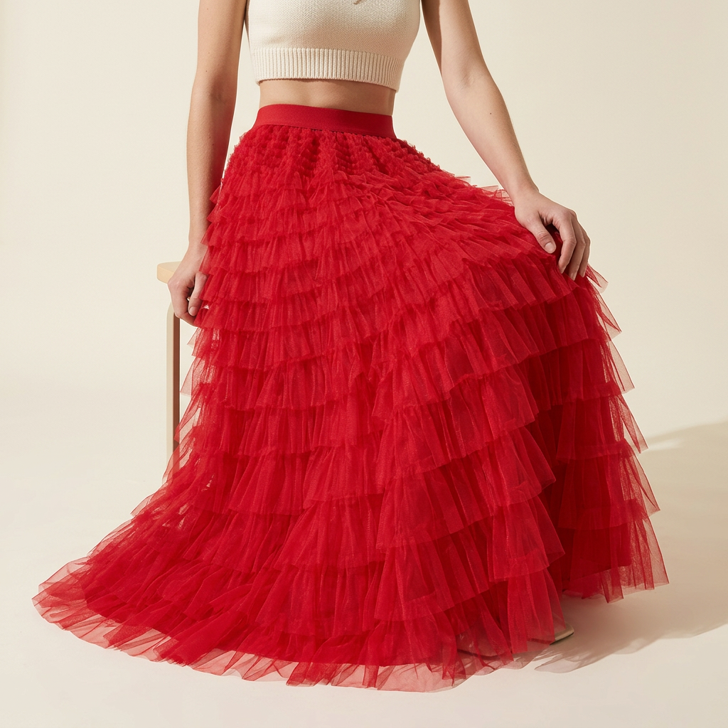 Heavy Mesh Gauze Multilayer Long Skirt With Satin Lining - 2210_SCARLET