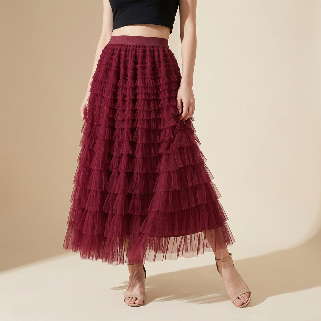 Heavy Mesh Gauze Multilayer Long Skirt With Satin Lining - 2210_WINE RED
