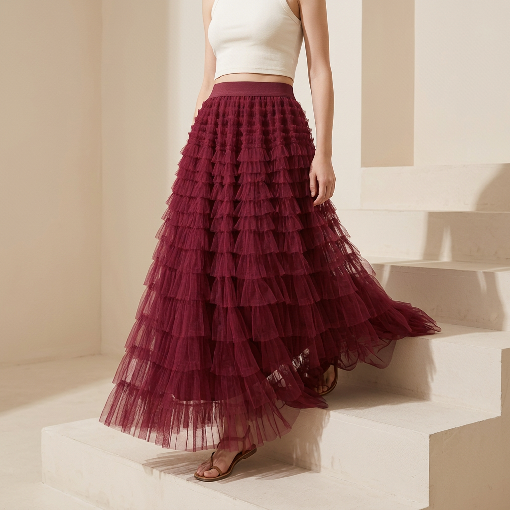 Heavy Mesh Gauze Multilayer Long Skirt With Satin Lining - 2210_WINE RED