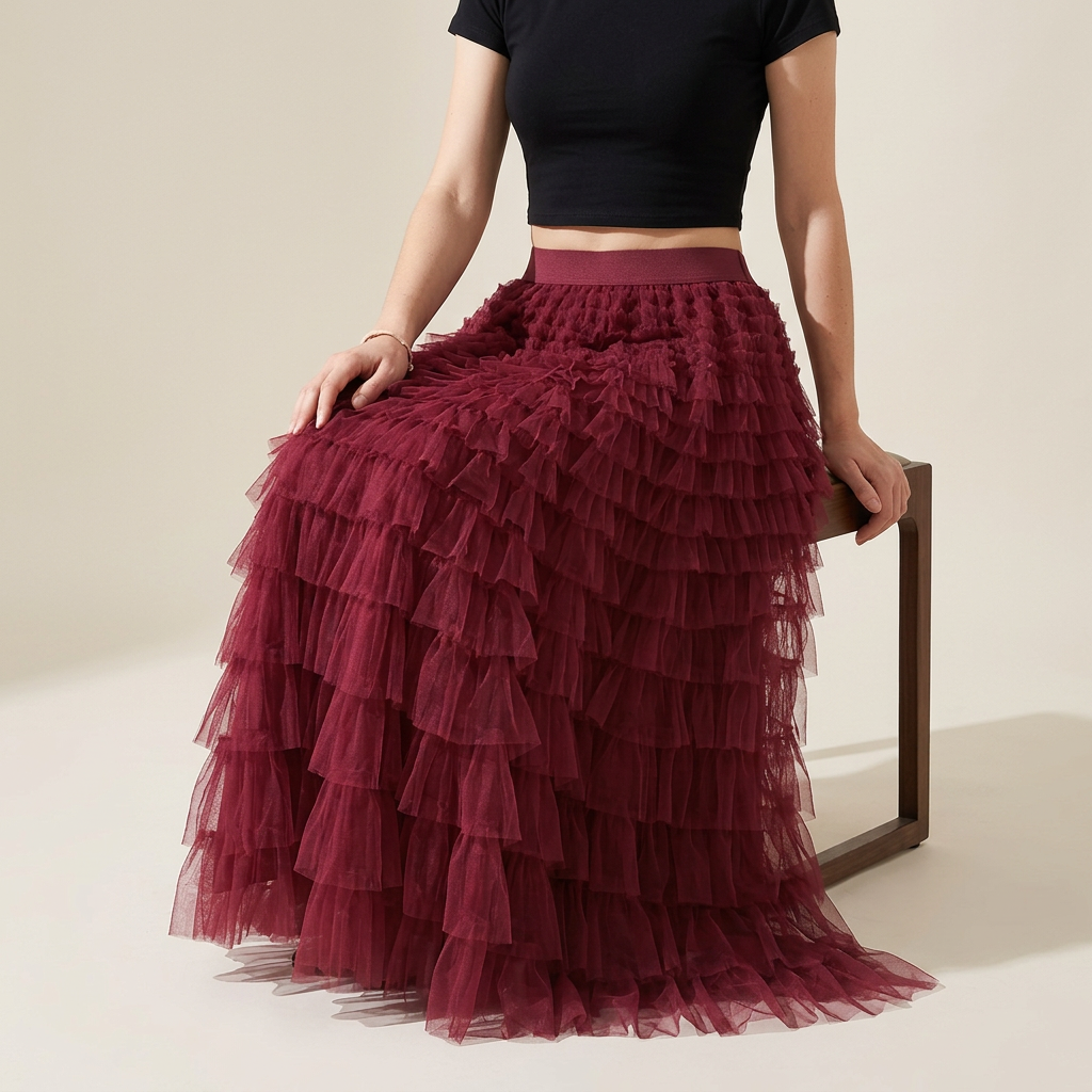 Heavy Mesh Gauze Multilayer Long Skirt With Satin Lining - 2210_WINE RED