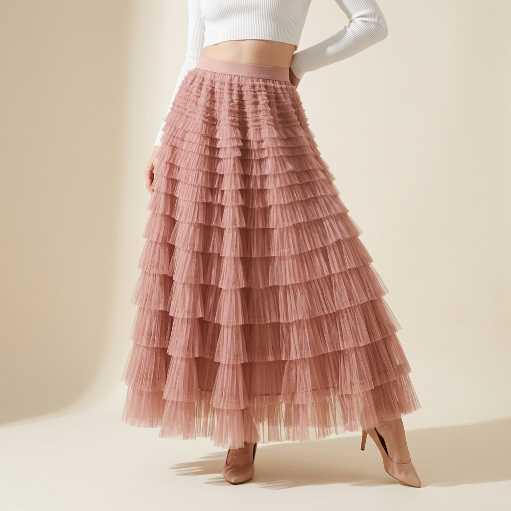 Heavy Mesh Gauze Multilayer Long Skirt With Satin Lining - 2210_CAMEL