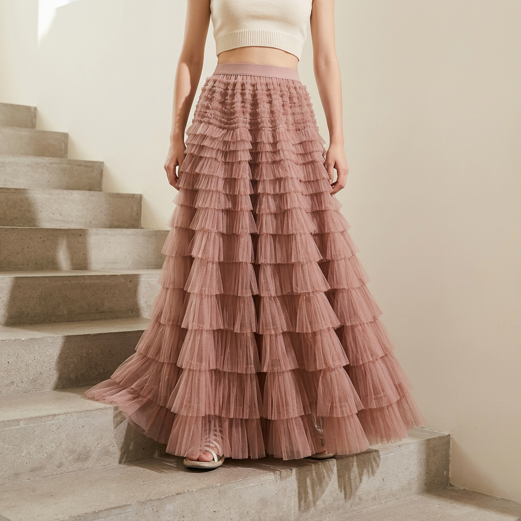 Heavy Mesh Gauze Multilayer Long Skirt With Satin Lining - 2210_CAMEL