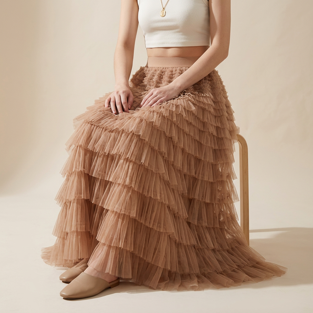 Heavy Mesh Gauze Multilayer Long Skirt With Satin Lining - 2210_CAMEL