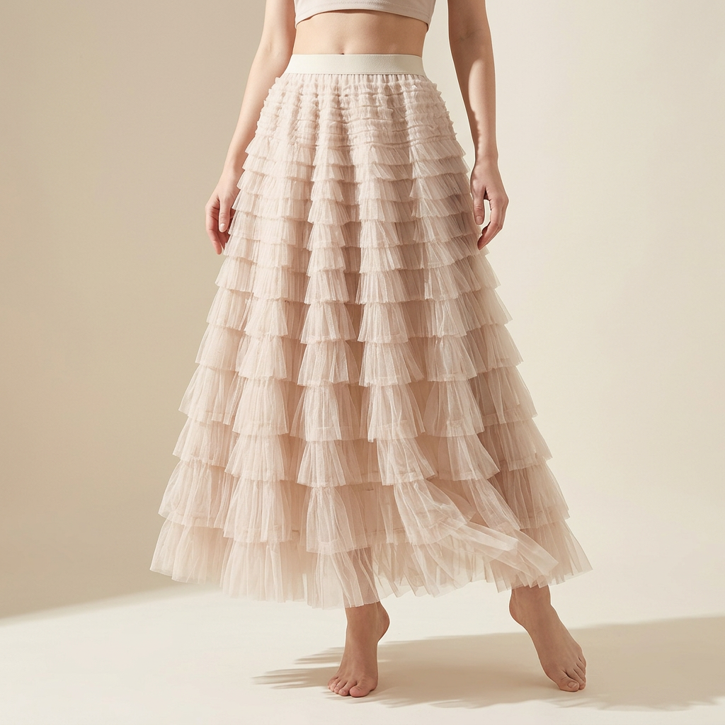 Heavy Mesh Gauze Multilayer Long Skirt With Satin Lining - 2210_APRICOT