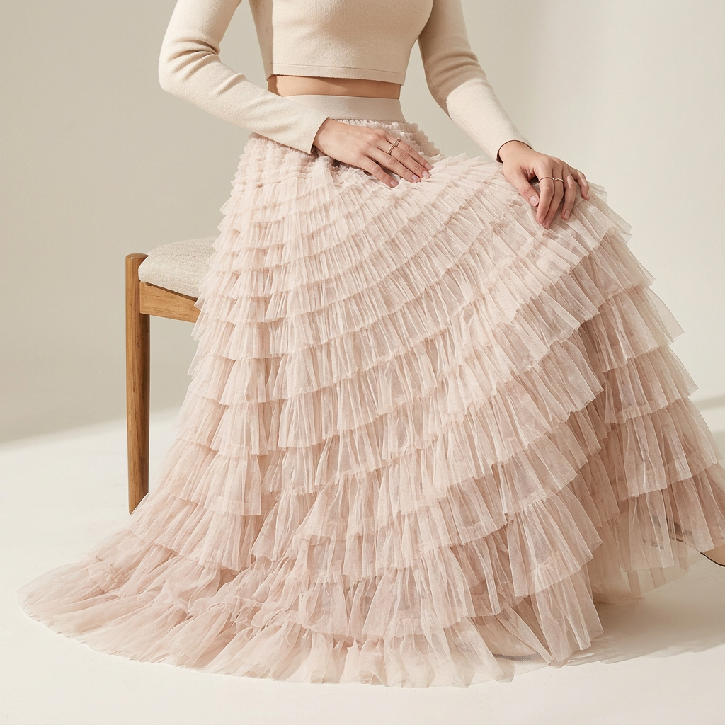 Heavy Mesh Gauze Multilayer Long Skirt With Satin Lining - 2210_APRICOT