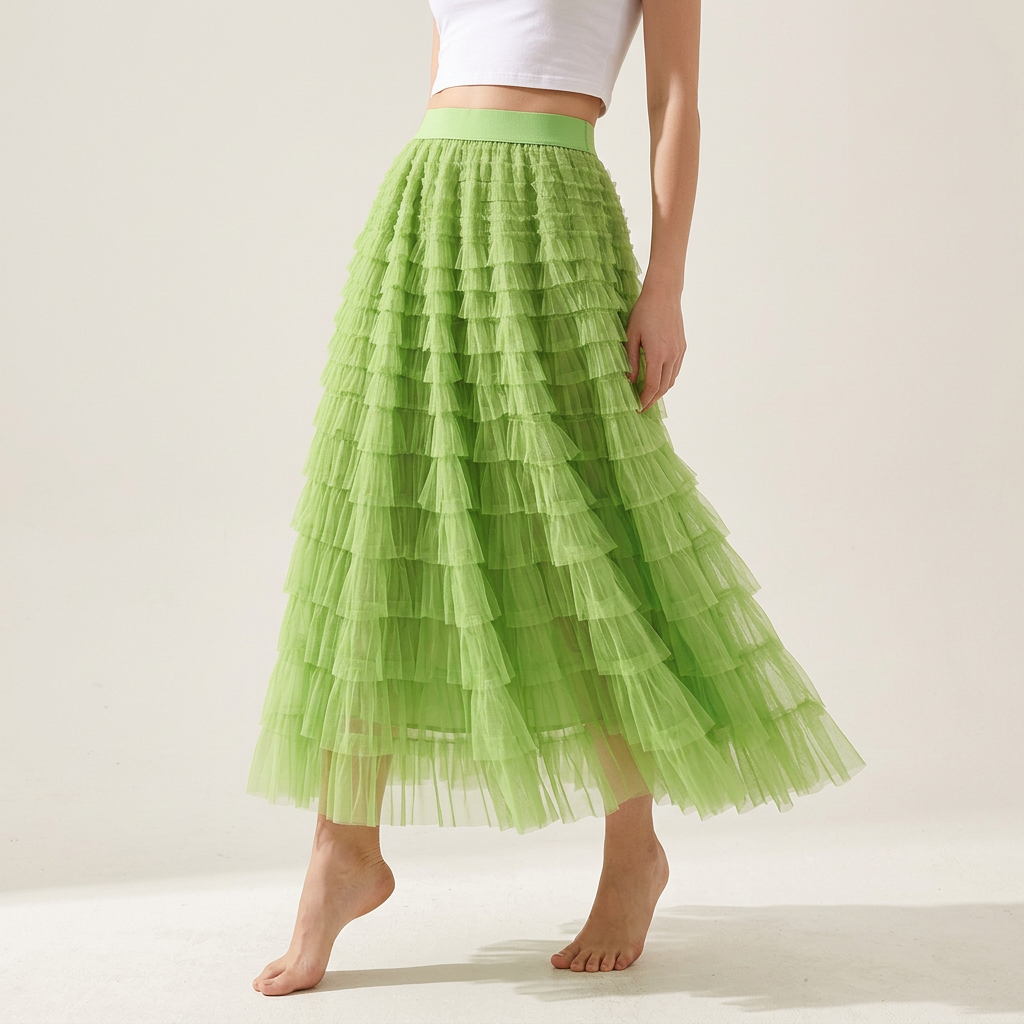 Heavy Mesh Gauze Multilayer Long Skirt With Satin Lining - 2210_FLUORESCENT GREEN