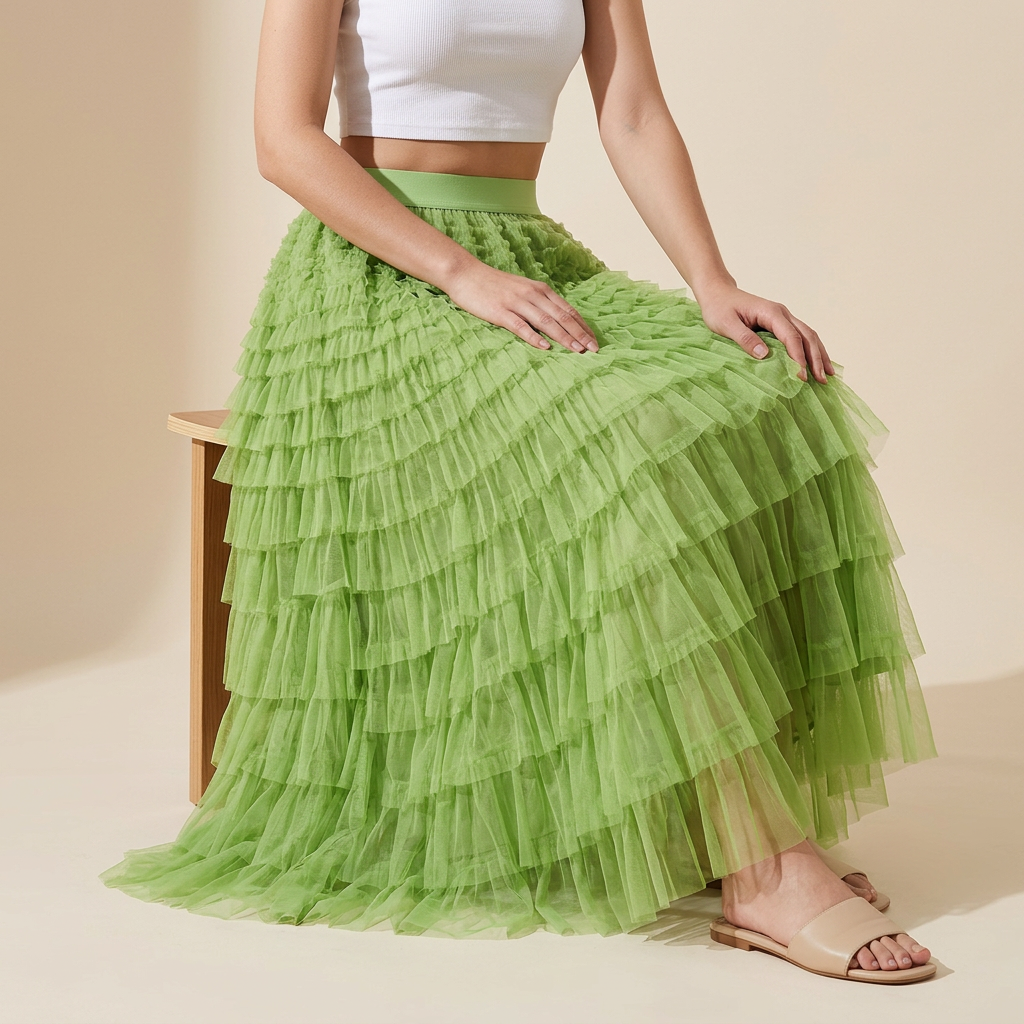 Heavy Mesh Gauze Multilayer Long Skirt With Satin Lining - 2210_FLUORESCENT GREEN